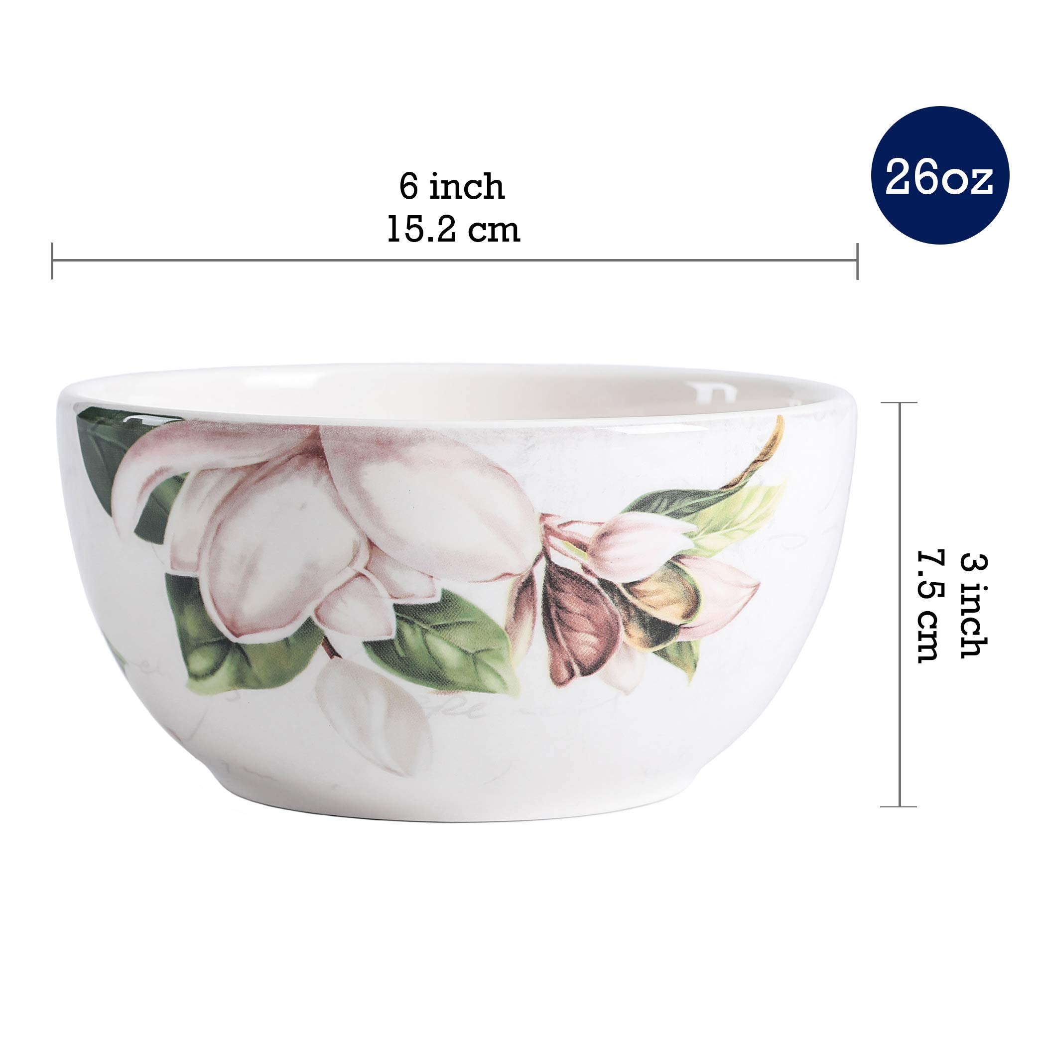 Bico Magnolia Floral Ceramic Bowls Set of 4, 26oz, for Pasta, Salad, Cereal, Soup & Microwave & Dishwasher Safe