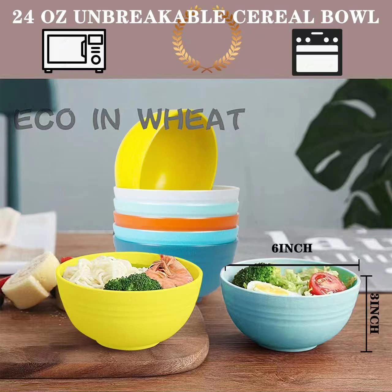 Unbreakable Cereal Bowl 24 Oz - Wheat Straw Fiber Bowl - Salad Bowl - Dessert Bowl - Deep Soup Bowl - Set Of 6 - Microwave And Dishwasher Safe, Bpa Free, Suitable For Children And Adults