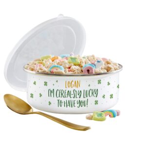 personalization universe cerealsly lucky to have you custom enamel bowl with lid - 20oz stainless steel snack bowl, perfect for cereal & soup, ideal st. patrick's day gift, kids or adults