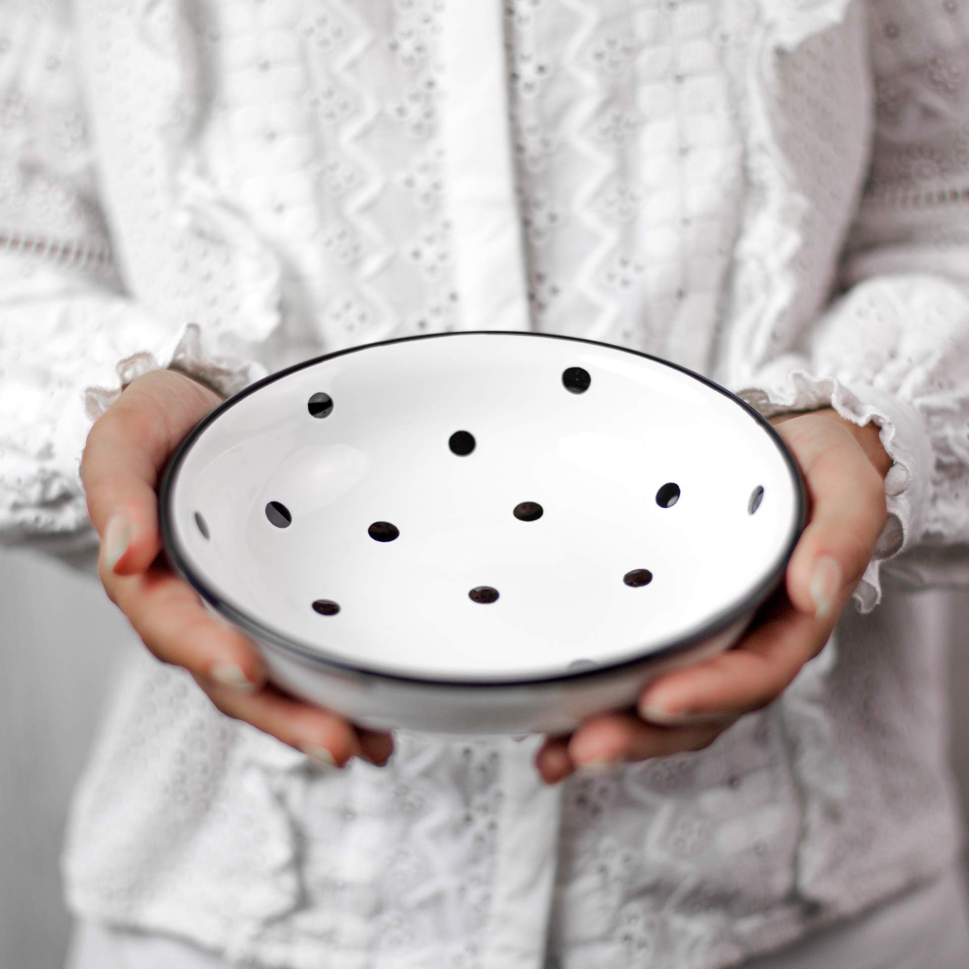 Handmade White And Black Pottery Polka Dot Glazed 7.3inch/18.5cm, 14oz/400ml Salad, Pasta, Fruit, Cereal, Soup Bowl | Unique Ceramic Dinnerware, Housewarming Gift by City to Cottage®