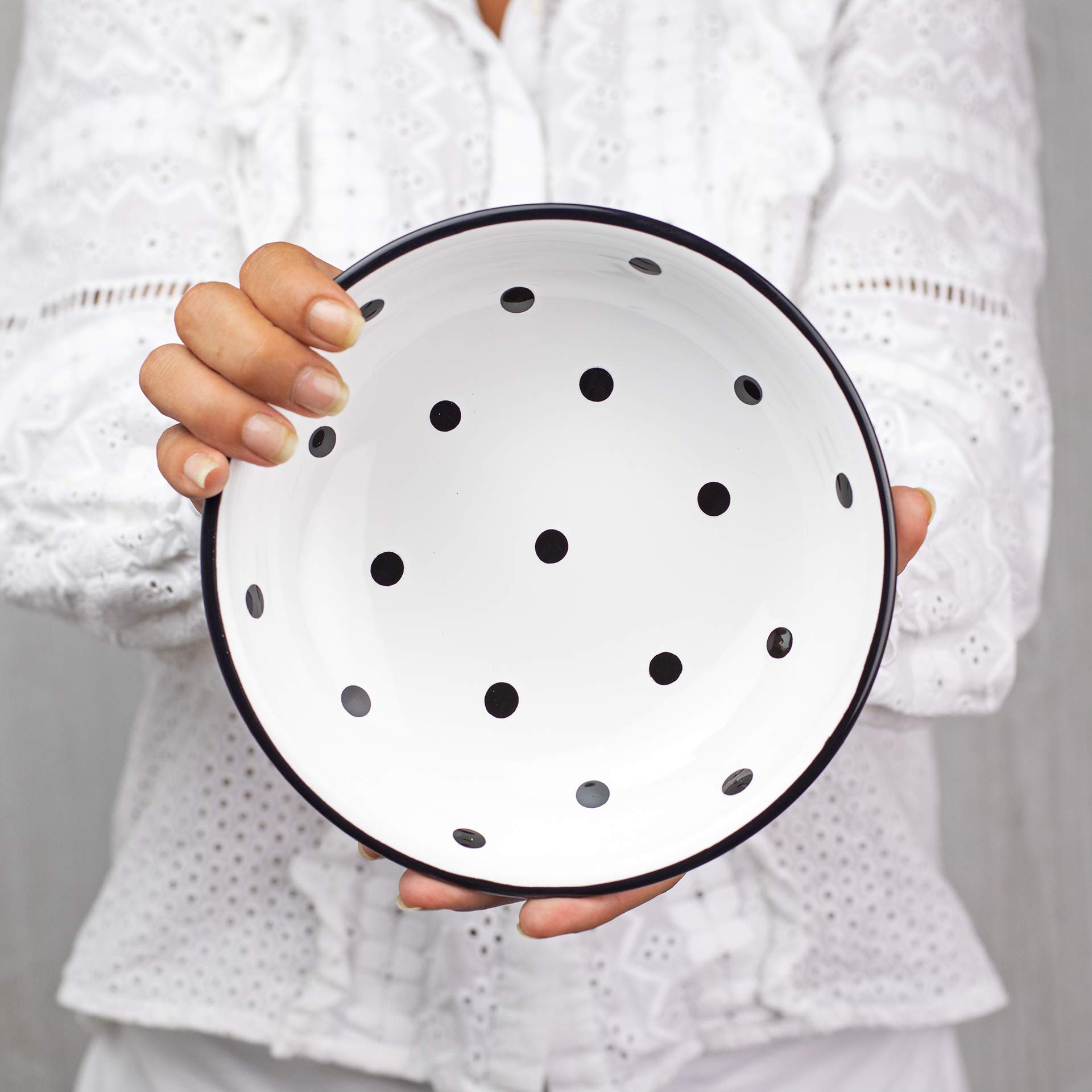 Handmade White And Black Pottery Polka Dot Glazed 7.3inch/18.5cm, 14oz/400ml Salad, Pasta, Fruit, Cereal, Soup Bowl | Unique Ceramic Dinnerware, Housewarming Gift by City to Cottage®