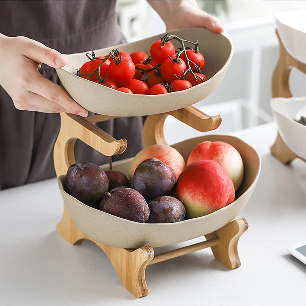 Mangoton 2 Tier Fruit Basket for Kitchen Counter,Ceramic Fruit Bowl for Kitchen Counter,Fruit Holder,Organizador de Cocina,Large Khaki