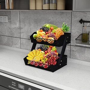 Dorhors 2 Tier Fruit Basket for Kitchen,Fruit Bowl for Kitchen Counter,Wood Fruit Holder for Kitchen Countertop,Black