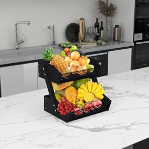 Dorhors 2 Tier Fruit Basket for Kitchen,Fruit Bowl for Kitchen Counter,Wood Fruit Holder for Kitchen Countertop,Black