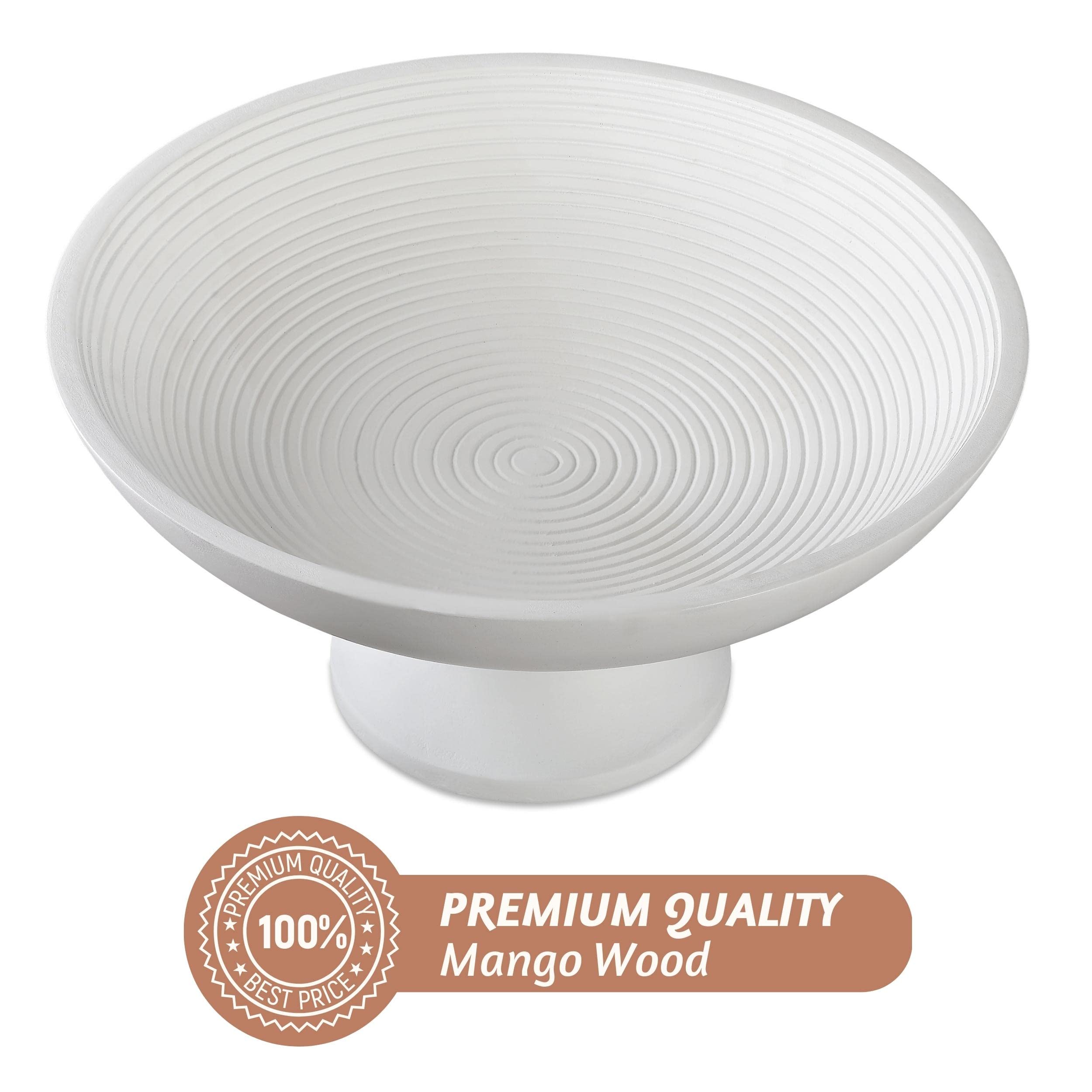 Folkulture Wood Fruit Bowl or Decorative Pedestal Bowl for Table Décor, Wooden Fruit Bowl for Kitchen Counter or Farmhouse Table Centerpiece, 12-inch Large Bowls for Breads, Mango Wood (White Rib)