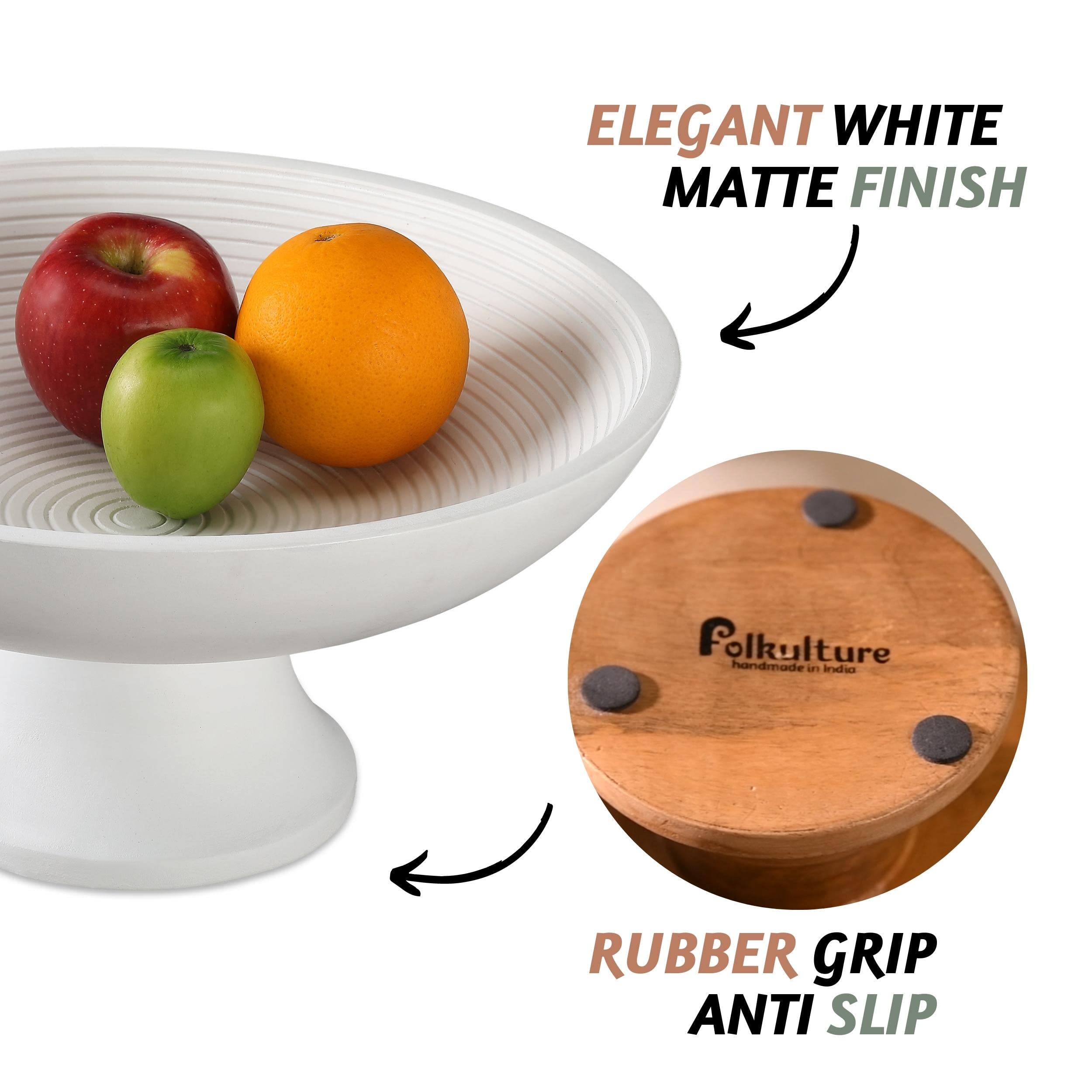 Folkulture Wood Fruit Bowl or Decorative Pedestal Bowl for Table Décor, Wooden Fruit Bowl for Kitchen Counter or Farmhouse Table Centerpiece, 12-inch Large Bowls for Breads, Mango Wood (White Rib)