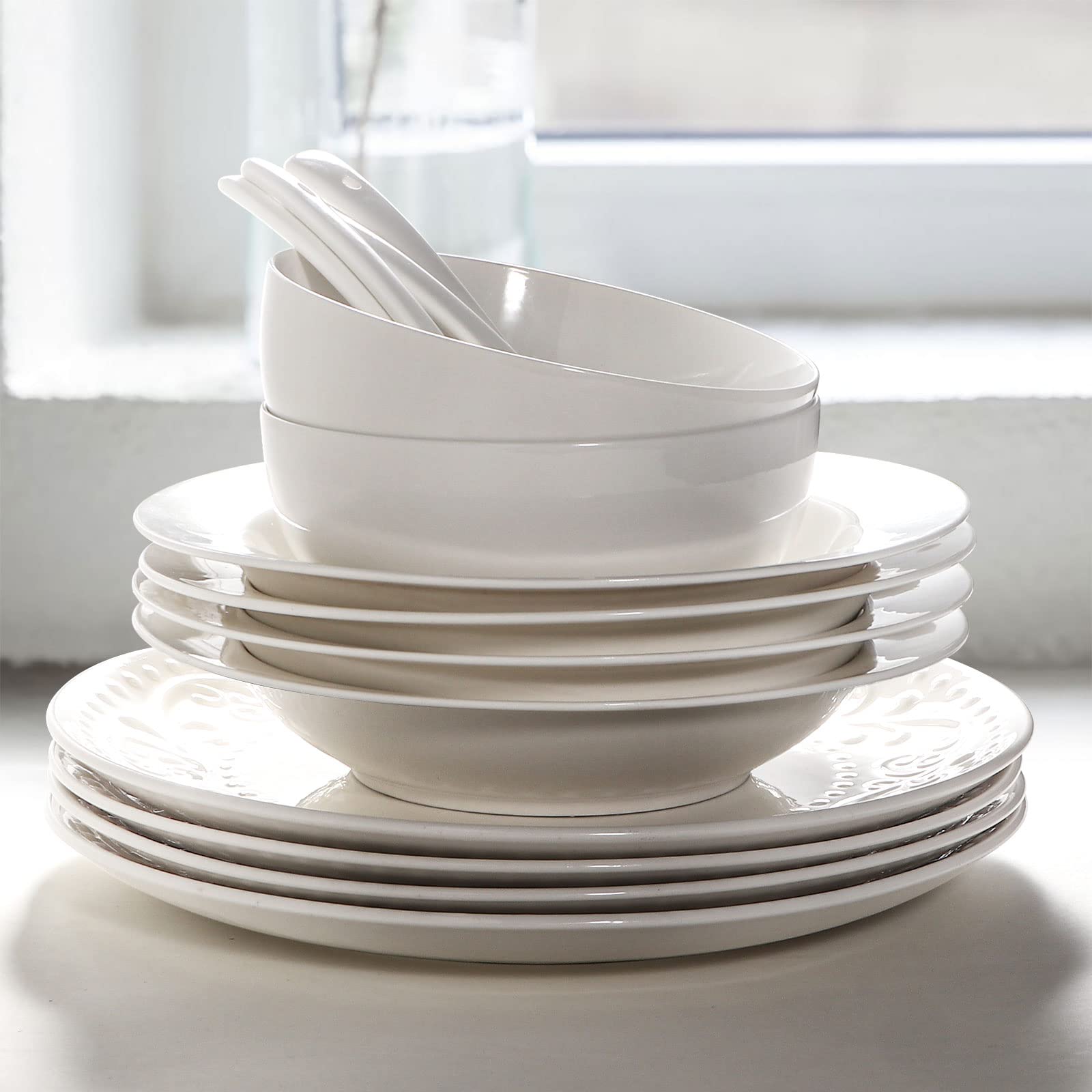 Artena Pasta Bowls 20oz, Large Salad Serving Bowls, 10 inch White Soup Bowls, Porcelain Pasta Bowls Set of 4, Rimmed Deep Pasta Plates, Wide and Shallow Bowls for Dinner, Microwave Dishwasher Safe