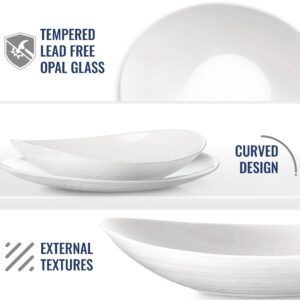 Bormioli Rocco Prometeo Set Of 6 Pasta Bowls, 9" X 7.75" Tempered Opal Glass, Clean White, Curved Design With External Textures Dinnerware.