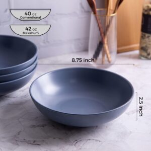 AmorArc 8.75‘’ Large Pasta Bowls, 42 ounce Wide Stoneware Bowls Set of 4 for Kitchen, Deep Bowls for Pasta/Salad/Fruit/Otmeal/Soup, Microwave&Dishwasher Safe-Matte Blue