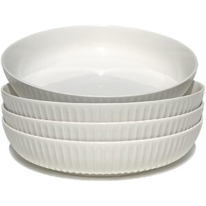 JDZTC Pasta Bowls set of 4 Medium white italian flat serving salad bowl set 8 inch Ceramic Dinner Plates (Wave-white)