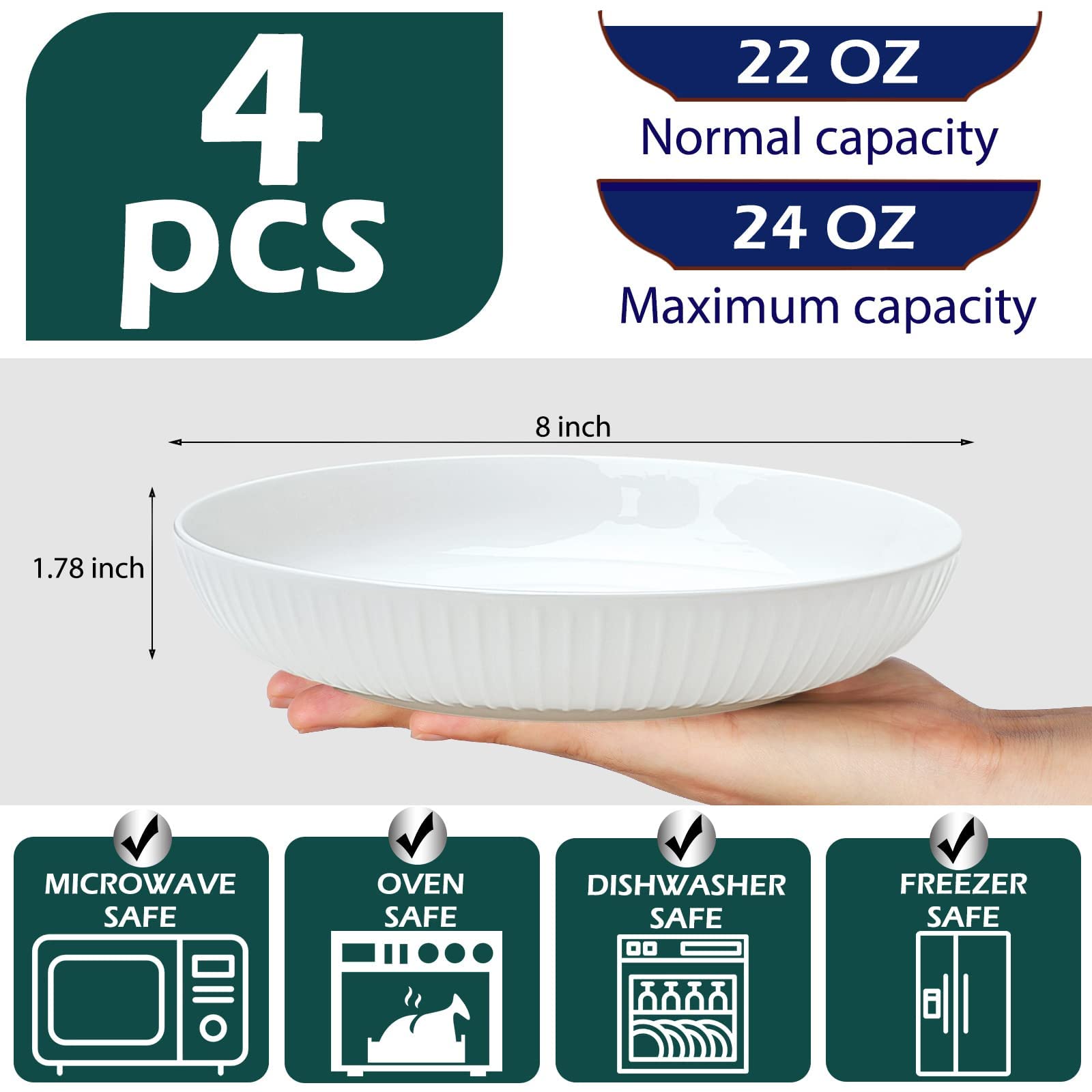 JDZTC Pasta Bowls set of 4 Medium white italian flat serving salad bowl set 8 inch Ceramic Dinner Plates (Wave-white)