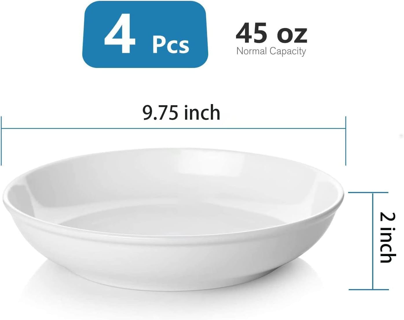 Samsle 45 Oz Large Pasta Bowls,Serving Bowls and Plates Set, Soup Bowl,Ceramic Salad Bowls - 9.75 Inch owl Set of 4, Wide and Shallow Bowls Set, Microwave and Dishwasher Safe, White