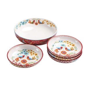 bico red spring bird ceramic pasta bowl, set of 5(1 unit 214oz, 4 units 35oz), for pasta, salad, microwave & dishwasher safe