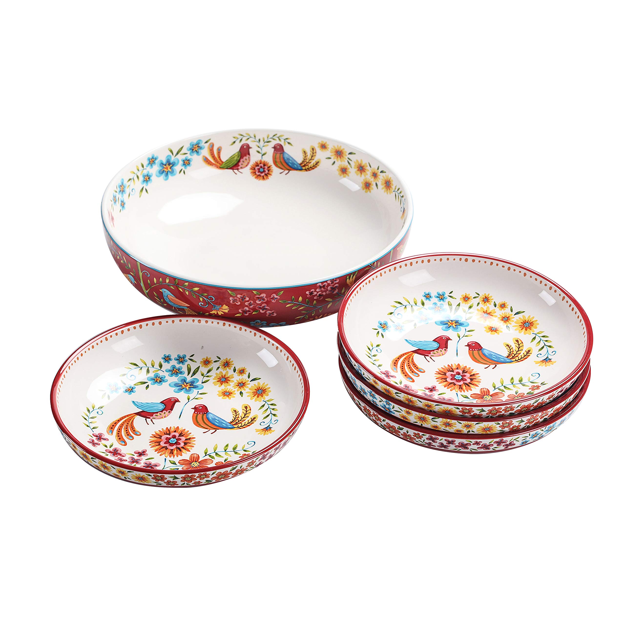 Bico Red Spring Bird Ceramic Pasta Bowl, Set of 5(1 unit 214oz, 4 units 35oz), for Pasta, Salad, Microwave & Dishwasher Safe