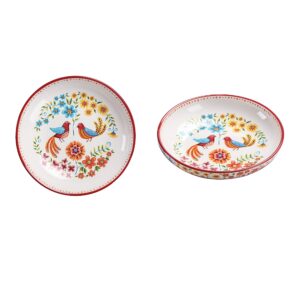 Bico Red Spring Bird Ceramic Pasta Bowl, Set of 5(1 unit 214oz, 4 units 35oz), for Pasta, Salad, Microwave & Dishwasher Safe