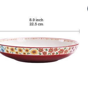 Bico Red Spring Bird Ceramic Pasta Bowl, Set of 5(1 unit 214oz, 4 units 35oz), for Pasta, Salad, Microwave & Dishwasher Safe