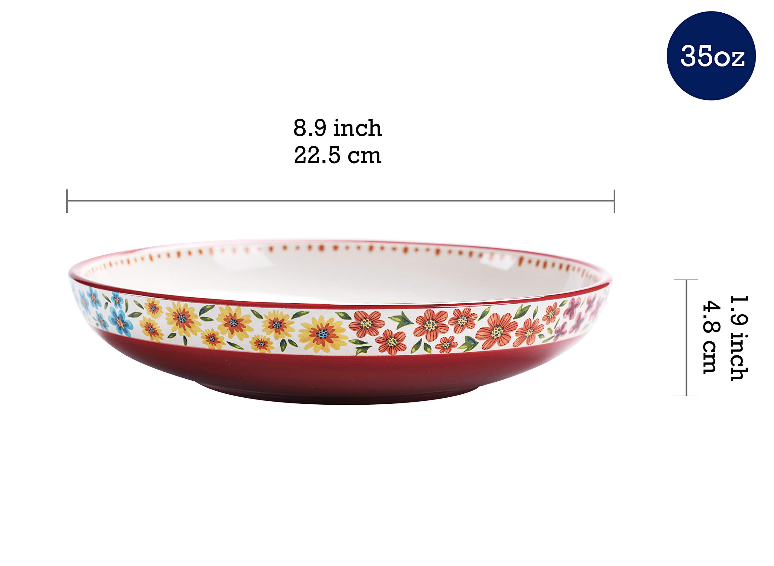 Bico Red Spring Bird Ceramic Pasta Bowl, Set of 5(1 unit 214oz, 4 units 35oz), for Pasta, Salad, Microwave & Dishwasher Safe