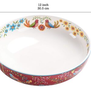 Bico Red Spring Bird Ceramic Pasta Bowl, Set of 5(1 unit 214oz, 4 units 35oz), for Pasta, Salad, Microwave & Dishwasher Safe