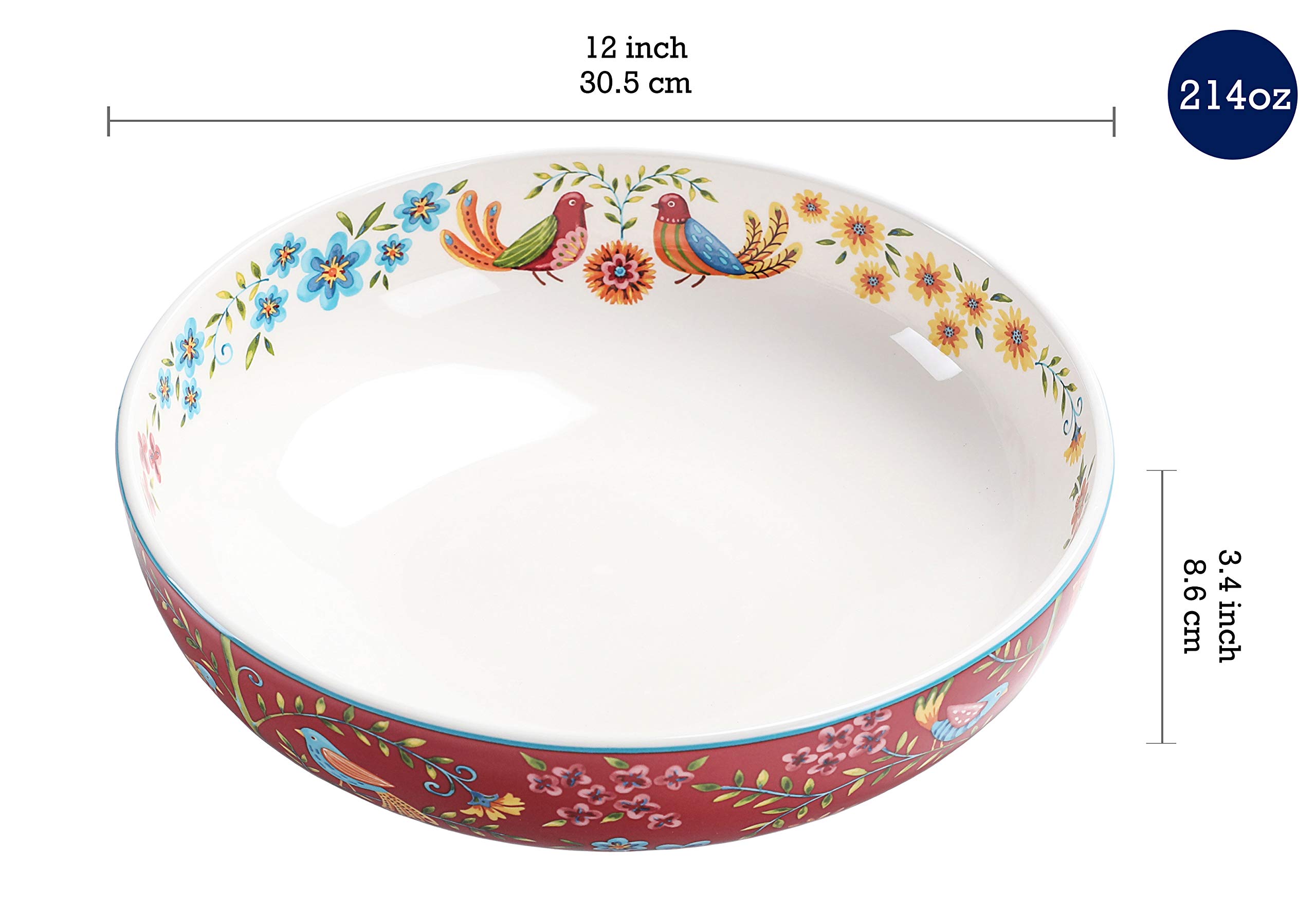 Bico Red Spring Bird Ceramic Pasta Bowl, Set of 5(1 unit 214oz, 4 units 35oz), for Pasta, Salad, Microwave & Dishwasher Safe