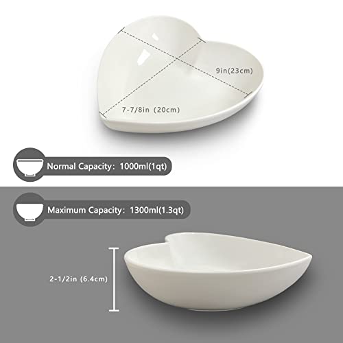 Keponbee Big Heart Shaped Bowls 2pcs Porcelain White Heart-shaped Dish for Desserts/Salad/Fruit/Pasta or Romantic Dinner, 9Inch