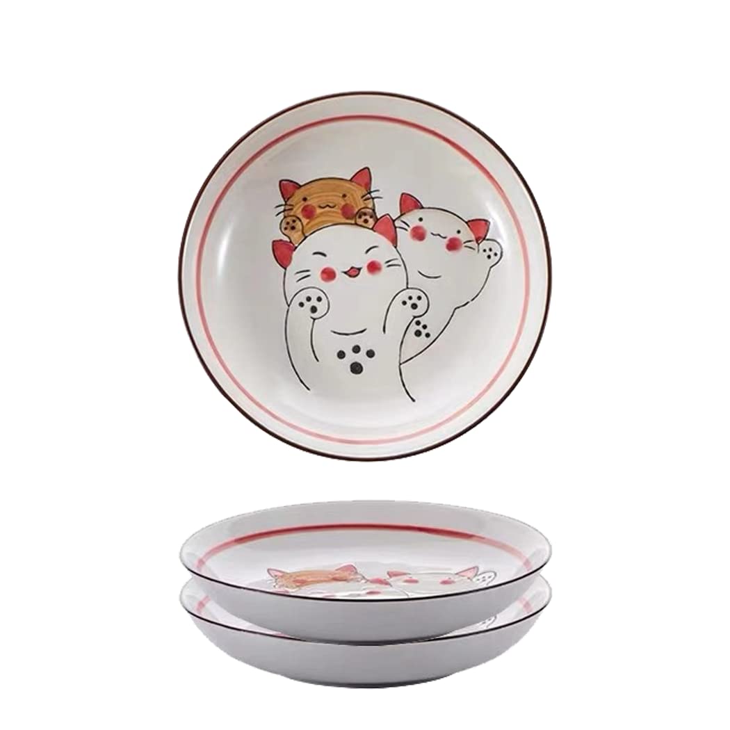 LAKistagu White Pasta Serving Bowls 24 Ounce,White Ceramic Cute Japanese Salad Dinner Bowl Plates.8 Inch Porcelain Pasta Shallow Bowl Deep Plate.(Round Cat)