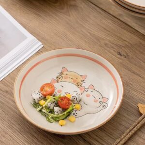 LAKistagu White Pasta Serving Bowls 24 Ounce,White Ceramic Cute Japanese Salad Dinner Bowl Plates.8 Inch Porcelain Pasta Shallow Bowl Deep Plate.(Round Cat)