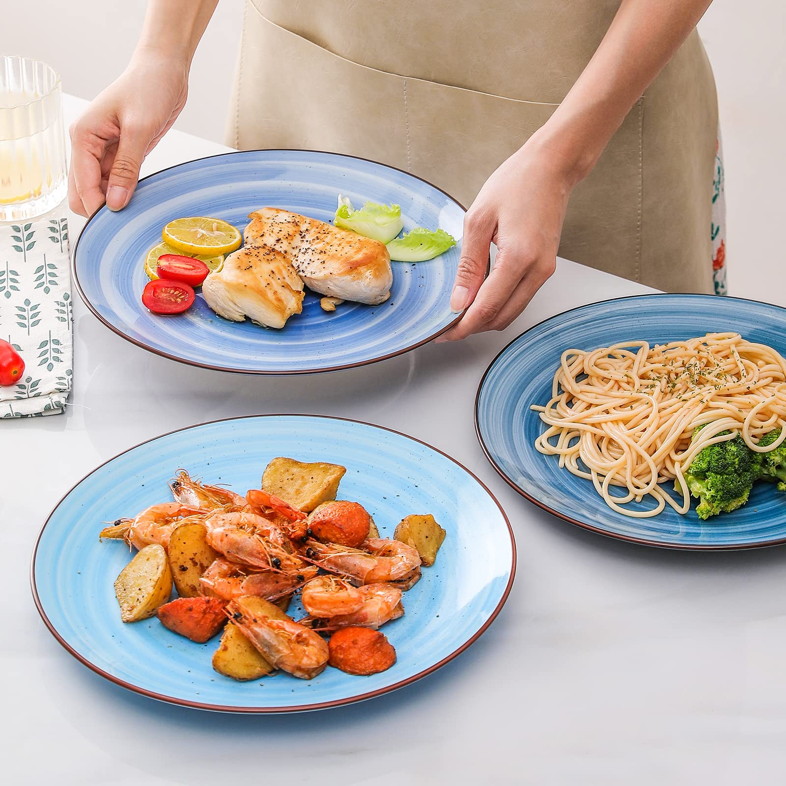 KitchenTour Large Ceramic Pasta Bowls with 10 Inch Large Dinner Plates Set of 6