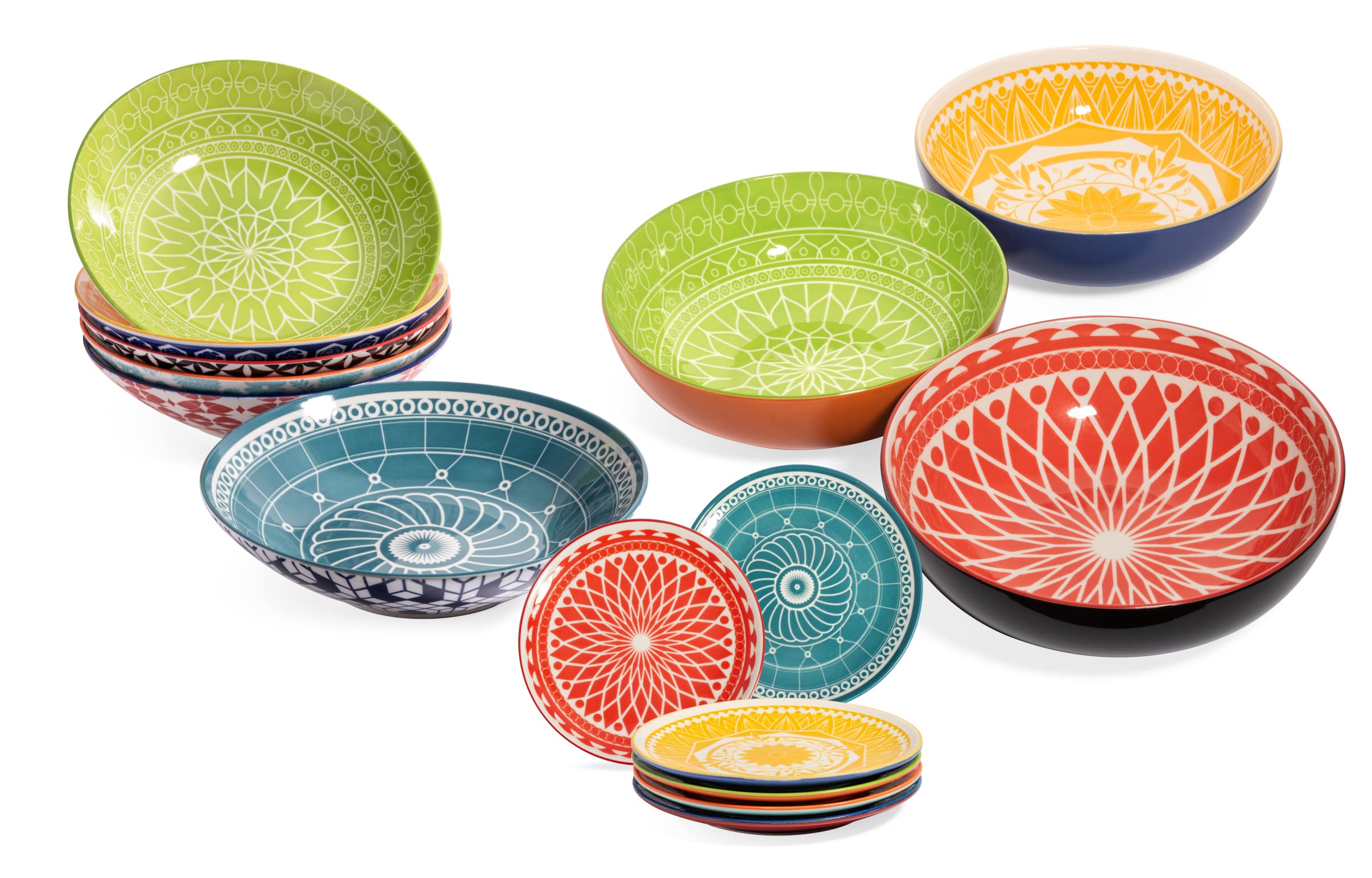 Annovero Dessert Plates, Serving Bowls, Pasta Bowls. Cute and Colorful Porcelain Dishes for Kitchen, Microwave and Oven Safe. Bundle