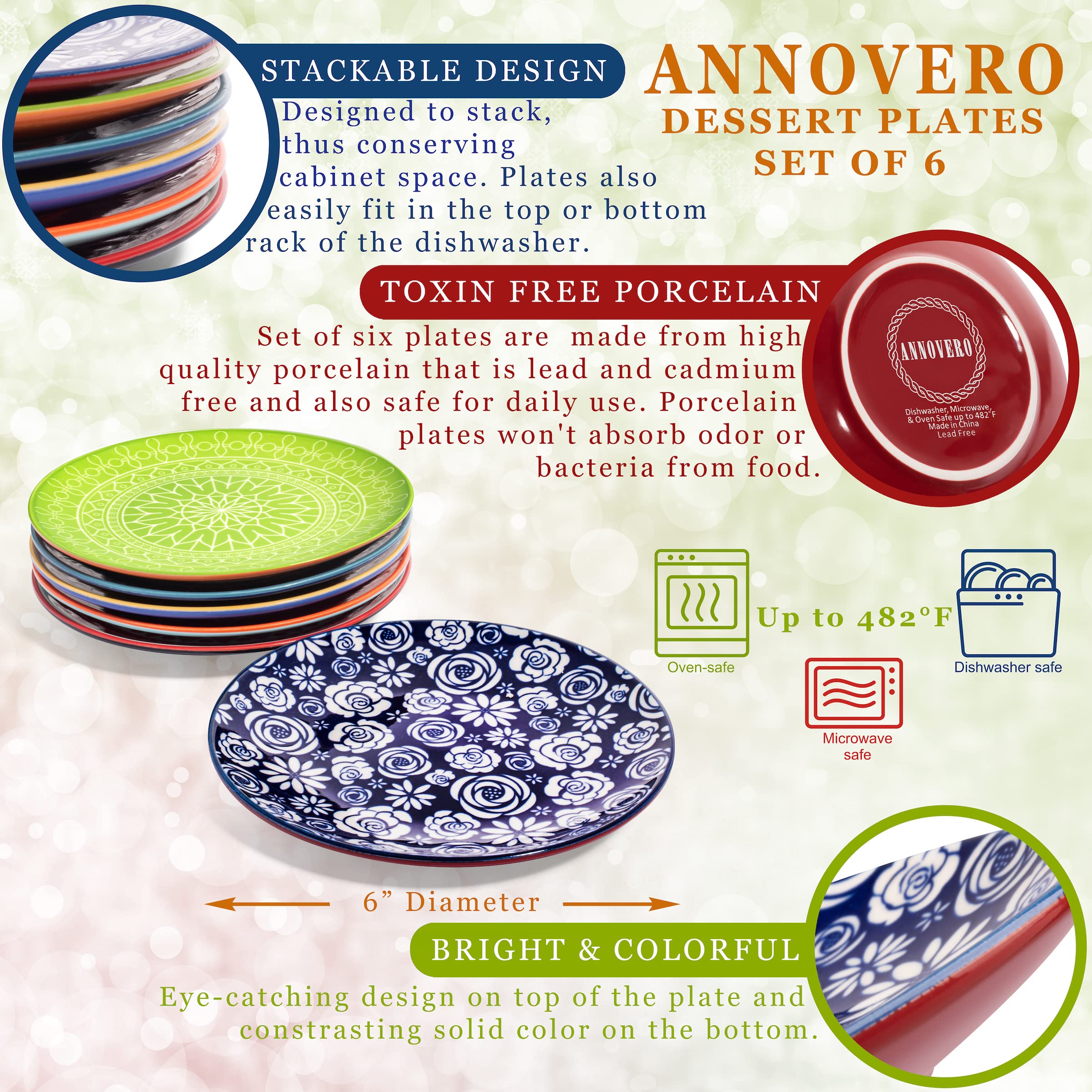 Annovero Dessert Plates, Serving Bowls, Pasta Bowls. Cute and Colorful Porcelain Dishes for Kitchen, Microwave and Oven Safe. Bundle