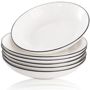 dicunoy 6 pack pasta plates, 8" porcelain salad bowls, shallow white dinner soup serving plate, spaghetti dishes with black rim for cereal, dessert, snack, microwave & dishwasher safe