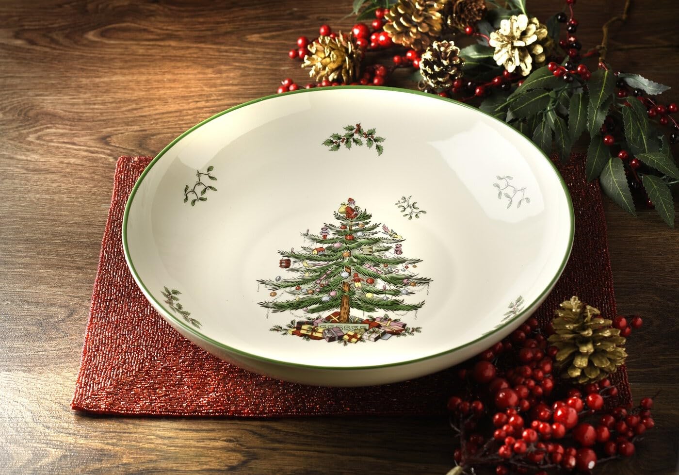 Spode Christmas Tree Collection Pasta Bowl, Large 13 Inch Serving Boel, Dishwasher, Microwave, and Freezer Safe, Made of Porcelain, Serveware, Christmas Tree Design, Green/Beige