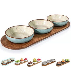 artena rimmed soup bowls 18oz, pasta bowls set of 4, white porcelain salad bowls, 9 inch deep soup plates & 6oz turquoise solid ceramic chips and dip serving platter with acacia wooden tray