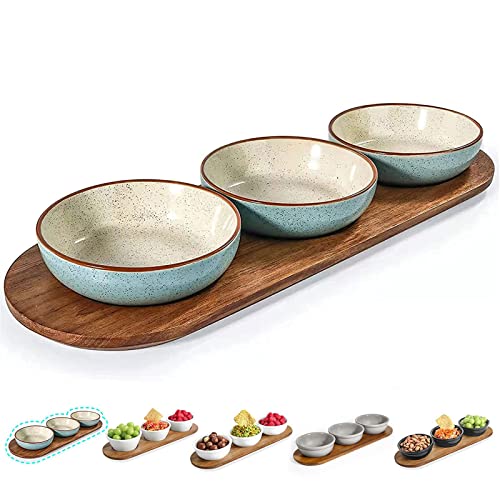 Artena Rimmed Soup Bowls 18oz, Pasta Bowls Set of 4, White Porcelain Salad Bowls, 9 inch Deep Soup Plates & 6oz Turquoise Solid Ceramic Chips and Dip Serving Platter with Acacia Wooden Tray