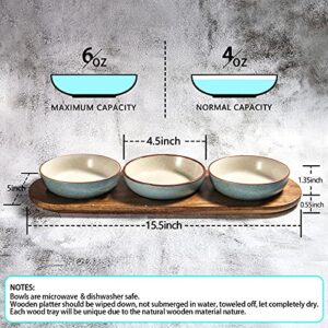 Artena Rimmed Soup Bowls 18oz, Pasta Bowls Set of 4, White Porcelain Salad Bowls, 9 inch Deep Soup Plates & 6oz Turquoise Solid Ceramic Chips and Dip Serving Platter with Acacia Wooden Tray