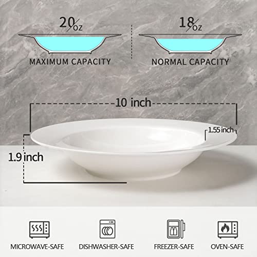 Artena Bright White 6.75 inch Asian Soup Spoons Set of 6, Ultra-fine Porcelain Tablespoon & Pasta Bowls 20oz, Large Salad Serving Bowls, 10 inch White Soup Bowls, Porcelain Pasta Bowls Set of 4