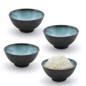 Happy Sales HSRSB-BLUGRY4, Japanese Style Ceramic Rice Bowls, Soup, Cereal, Dessert Bowls 4 pc, Grey Blue