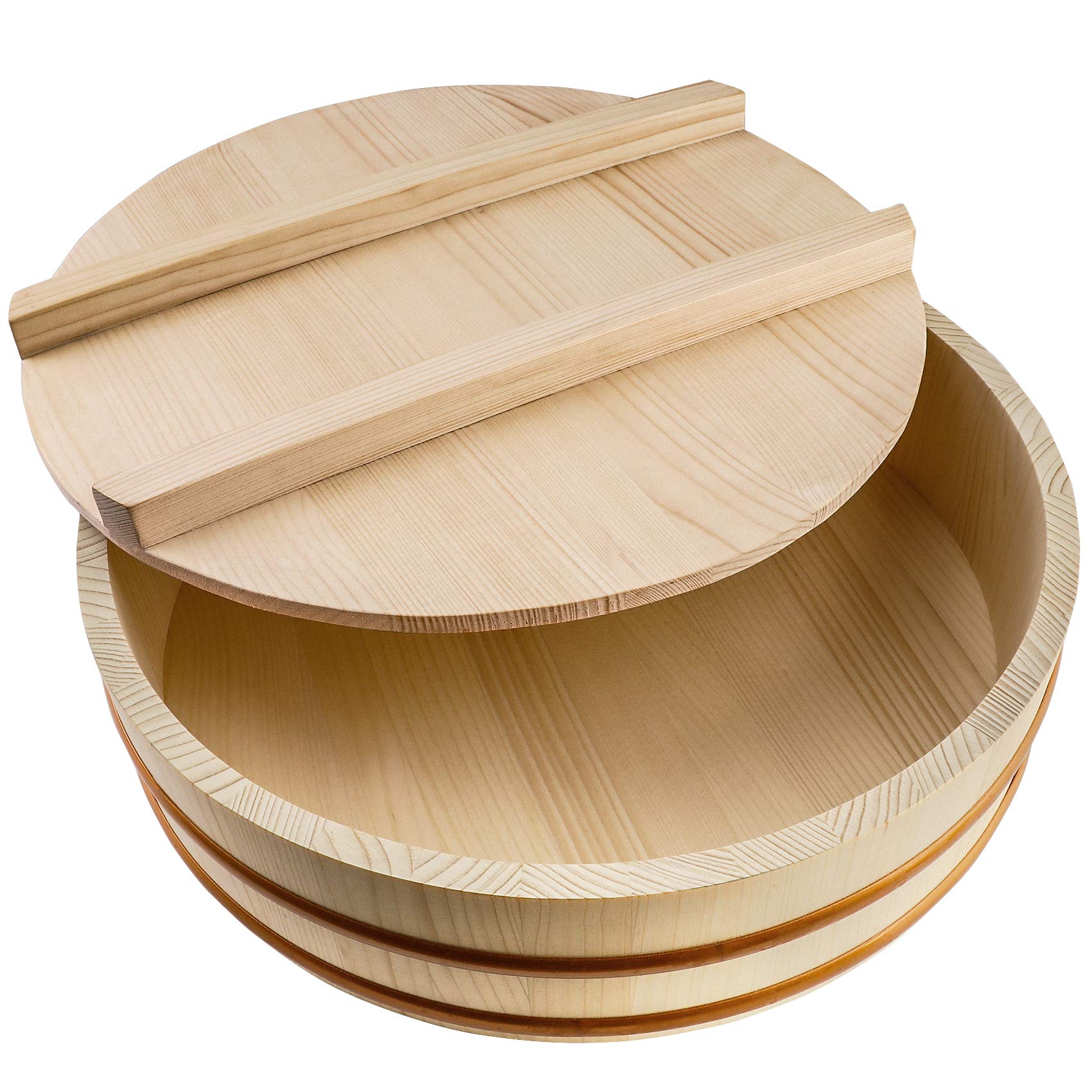 Kichgather Wooden Sushi Rice Bowl with Lid Hangiri Sushi Oke Sushi Rice Mixing Tub (11.8 ” with lid)