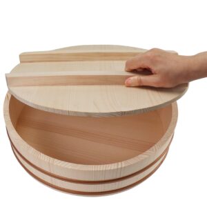 Kichgather Wooden Sushi Rice Bowl with Lid Hangiri Sushi Oke Sushi Rice Mixing Tub (11.8 ” with lid)