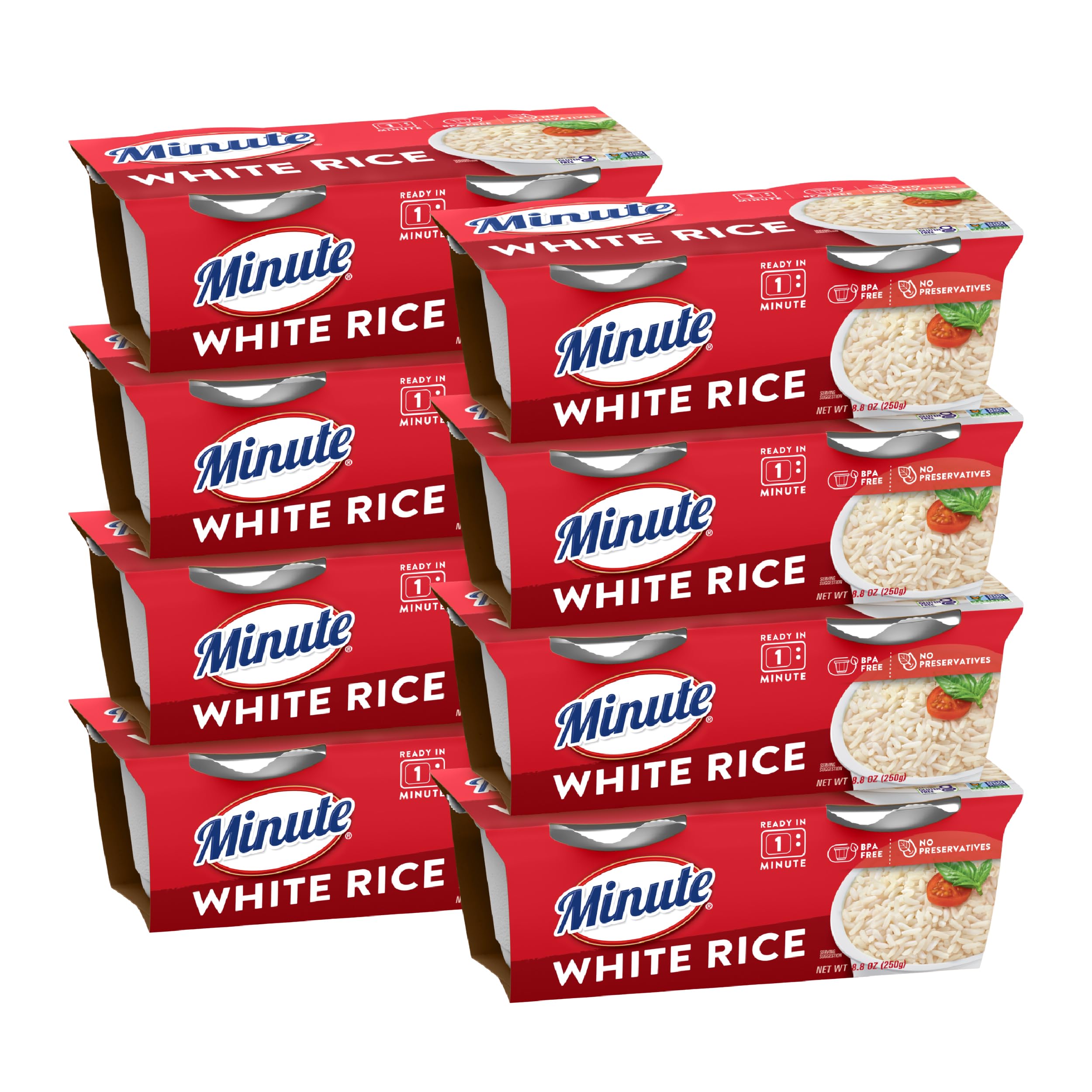 Minute Ready-to-Serve White Rice, Microwavable Rice Cups, 4.4-Ounce Cups, 2 Count, (Pack of 8)