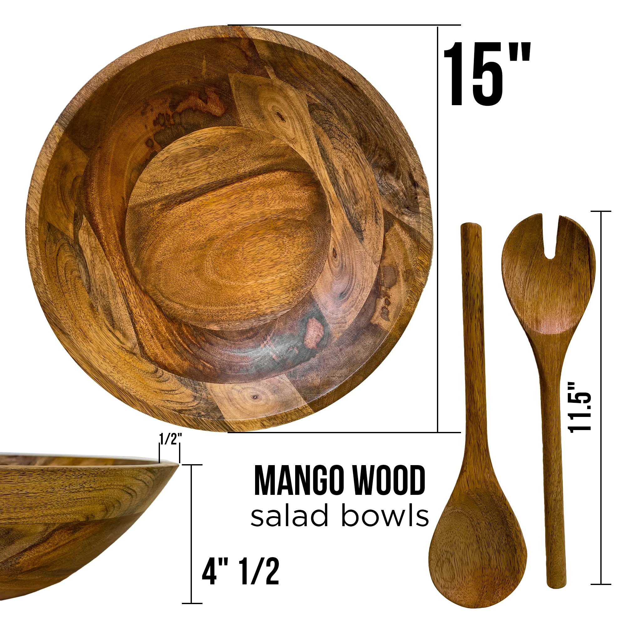 Fairwood Way Wooden Salad Bowl Set - 15" Extra Large Wooden Salad Bowl with Serving Utencils - Large 15 Inch Rustic Mango Wood Bowl, Salad Servers Included