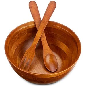 wooden salad bowl serving set - handcrafted hardwood bowl and salad fork / spoon serving utensils - 11.5" diameter x 6" multipurpose for prepping and serving salads, use with hot or cold food – 144 oz