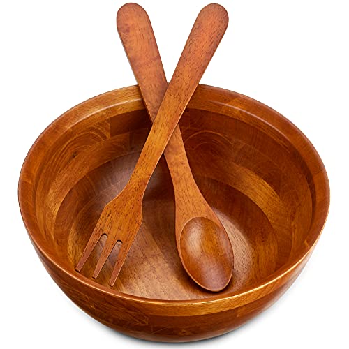 Wooden Salad Bowl Serving Set - Handcrafted Hardwood Bowl and Salad Fork / Spoon Serving Utensils - 11.5" Diameter x 6" Multipurpose for Prepping and Serving Salads, Use with Hot or Cold Food – 144 oz