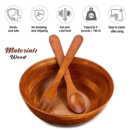 Wooden Salad Bowl Serving Set - Handcrafted Hardwood Bowl and Salad Fork / Spoon Serving Utensils - 11.5" Diameter x 6" Multipurpose for Prepping and Serving Salads, Use with Hot or Cold Food – 144 oz