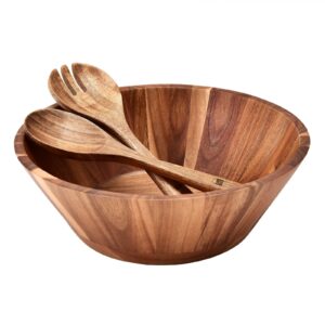 jf james.f wooden salad bowl, 12'' acacia wood large salad bowl set big salad serving bowl with serving utensils