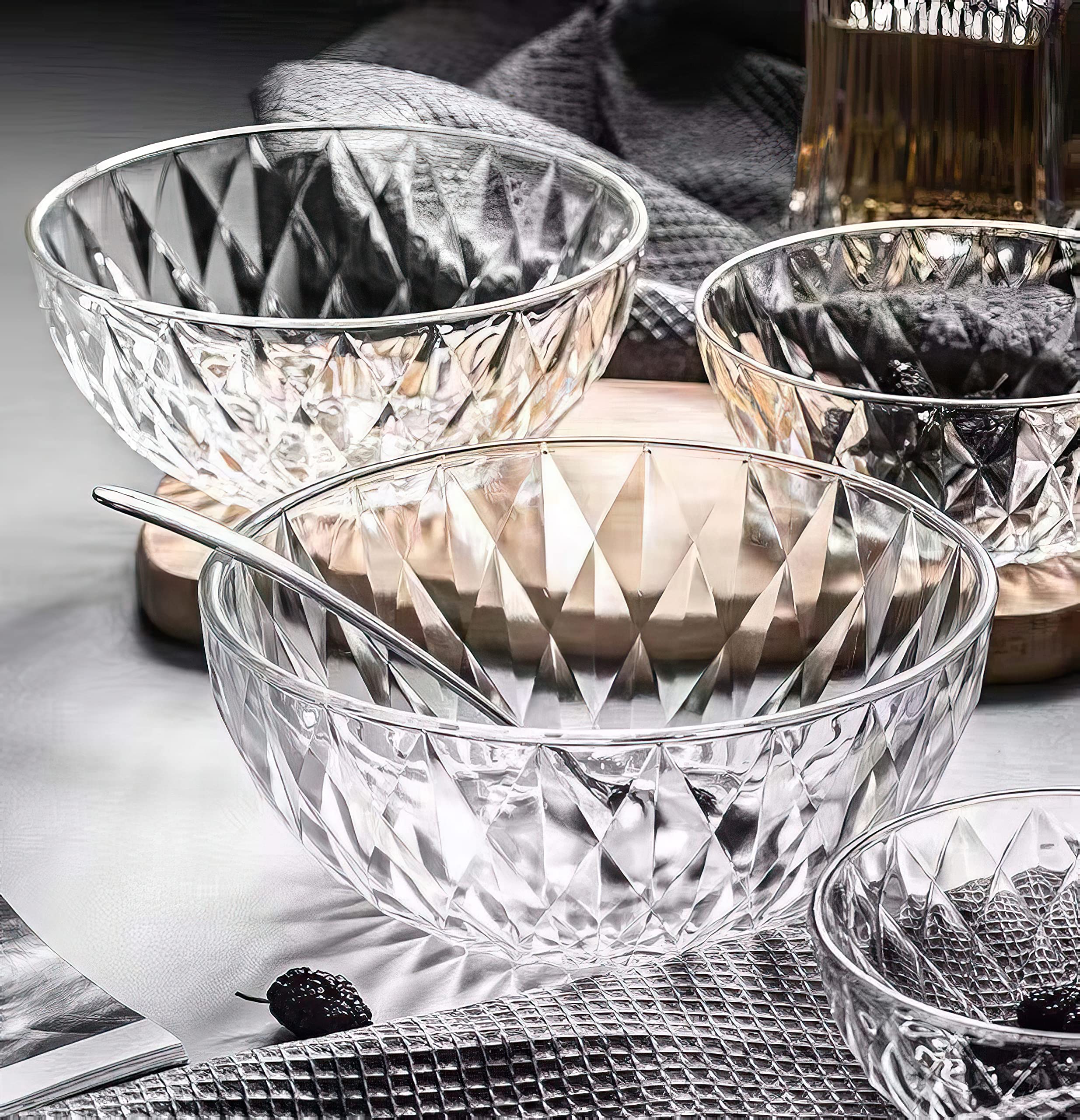 Glass Bowl, Decorative Diamond Design Bowls For Kitchen & Home Décor, Centerpiece Table Decorations Great For Dining, Living Room Décor, Serving Bowls, Salad Bowl, Pasta Bowls, Candy Bowl, Fruit Bowl.