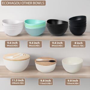 ECOHAGOU 10” Bamboo Fiber Large Salad Serving Bowl Set with Wooden Lid & Servers, 3.5 Qt Big Bowl with Utensils for Mixing Salad,Fruit,Pasta,Lightweight & Dishwasher Safe, Ideal Gift for Home (White)