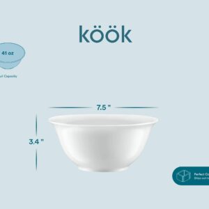 KooK 41 Oz Large Deep Bowls, Ceramic White Bowl for Noodle, Ramen, Pasta, Cereal, Fruit Porcelain kitchen, Microwave and Dishwasher Safe, 7.5 Inches, Set of 4,