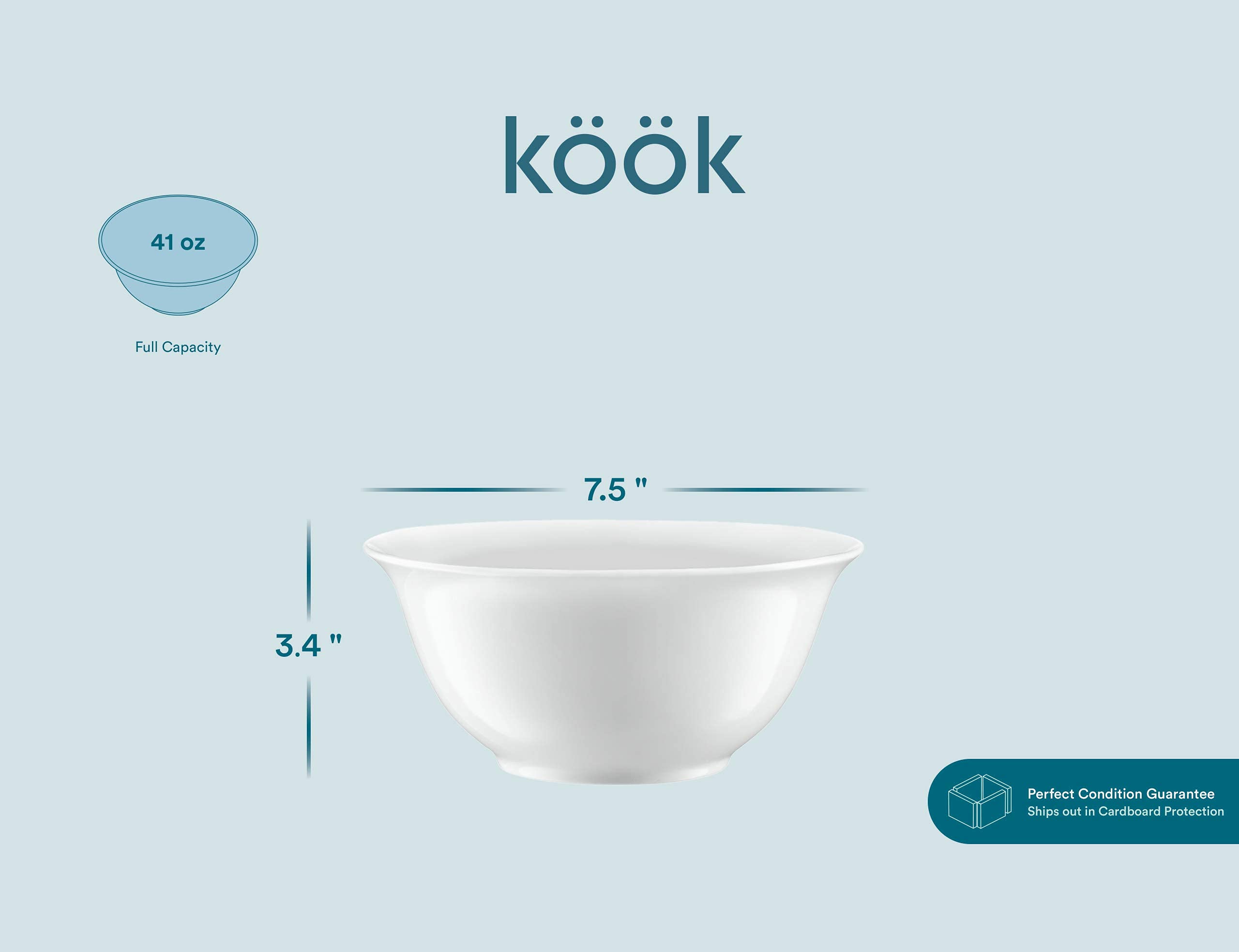 KooK 41 Oz Large Deep Bowls, Ceramic White Bowl for Noodle, Ramen, Pasta, Cereal, Fruit Porcelain kitchen, Microwave and Dishwasher Safe, 7.5 Inches, Set of 4,