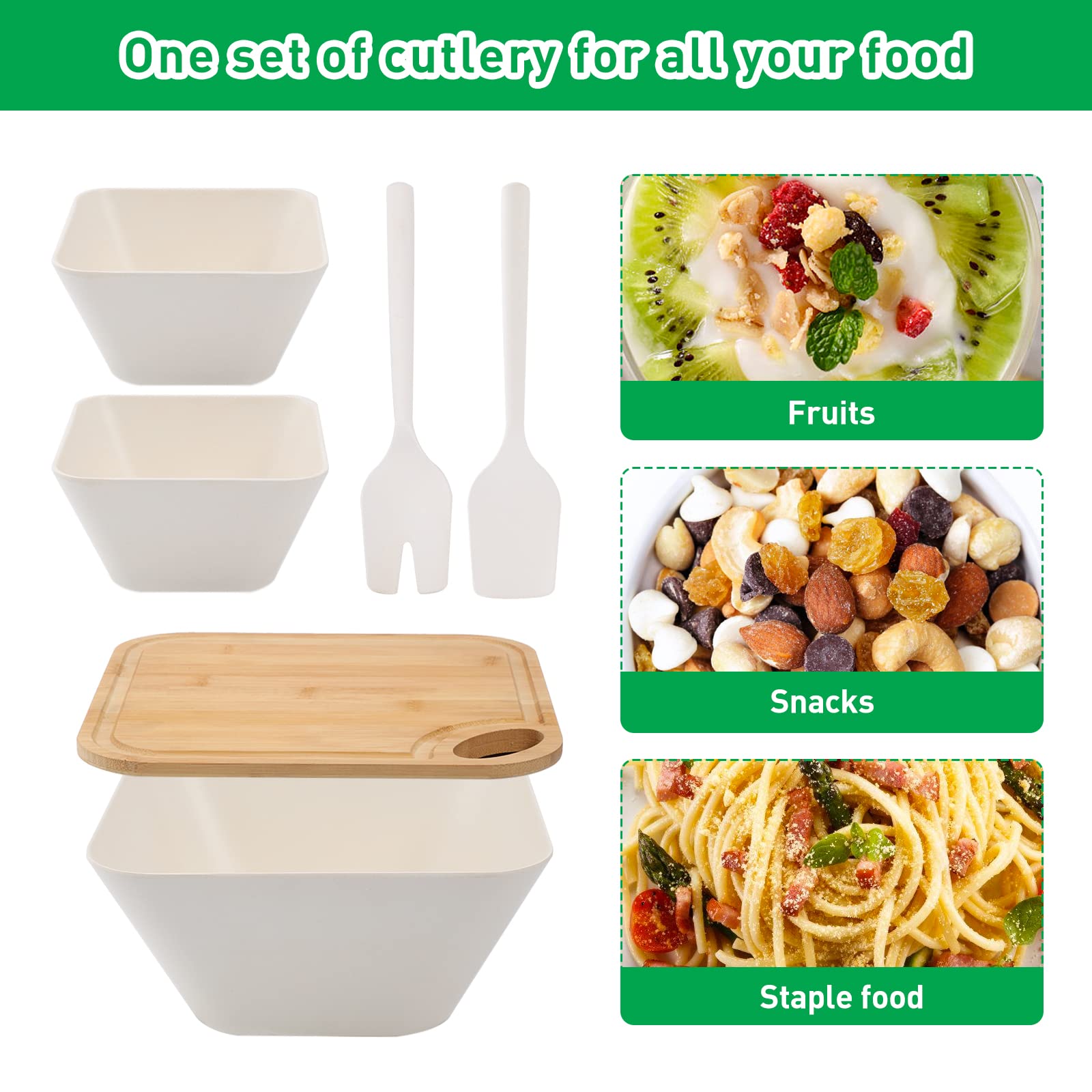 ECOWAY Bamboo Fiber Salad Bowl with Solid Wooden Bamboo lid and Servers, Large Mixing Bamboo Fruit Bowl Set with 2 Small Serving Bowls, Fork & Spoon for Salad, Soup, Pasta and Fruit (White, 150oz)