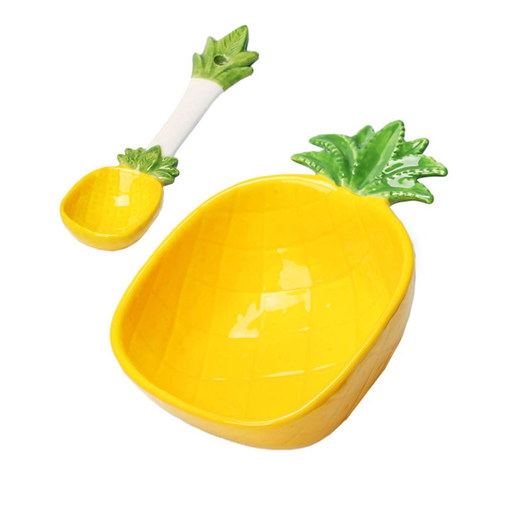 Cabilock Ceramic Appetizer Plate Pineapple Shape Bowl with Spoon Dessert Salad Pasta Bowls Food Serving Tray for Fruit Cheese Dessert Snack (300ml)